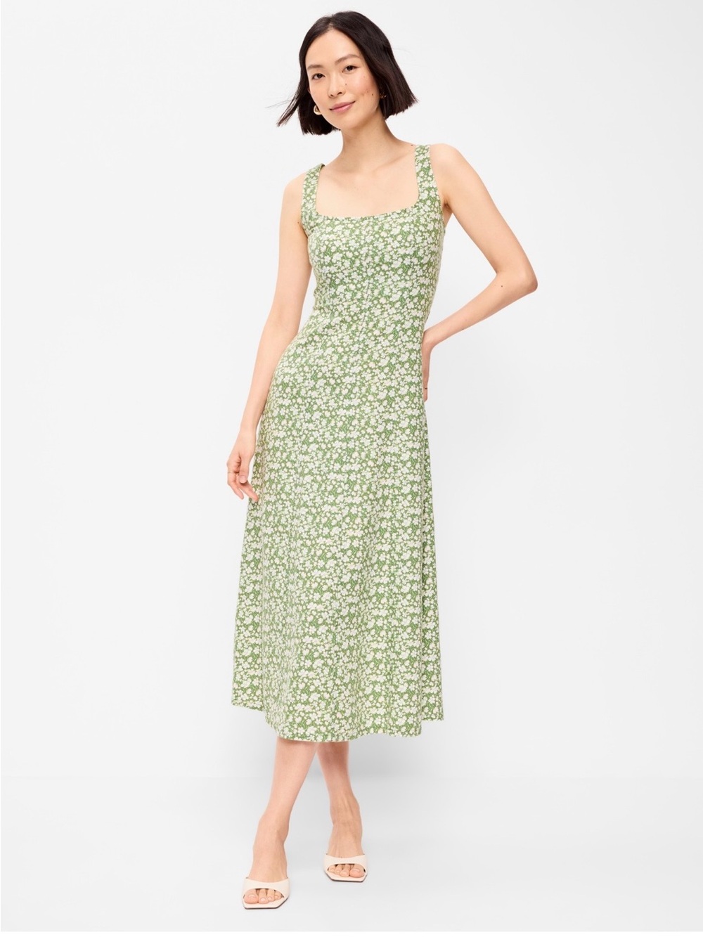 Green and white floral midi